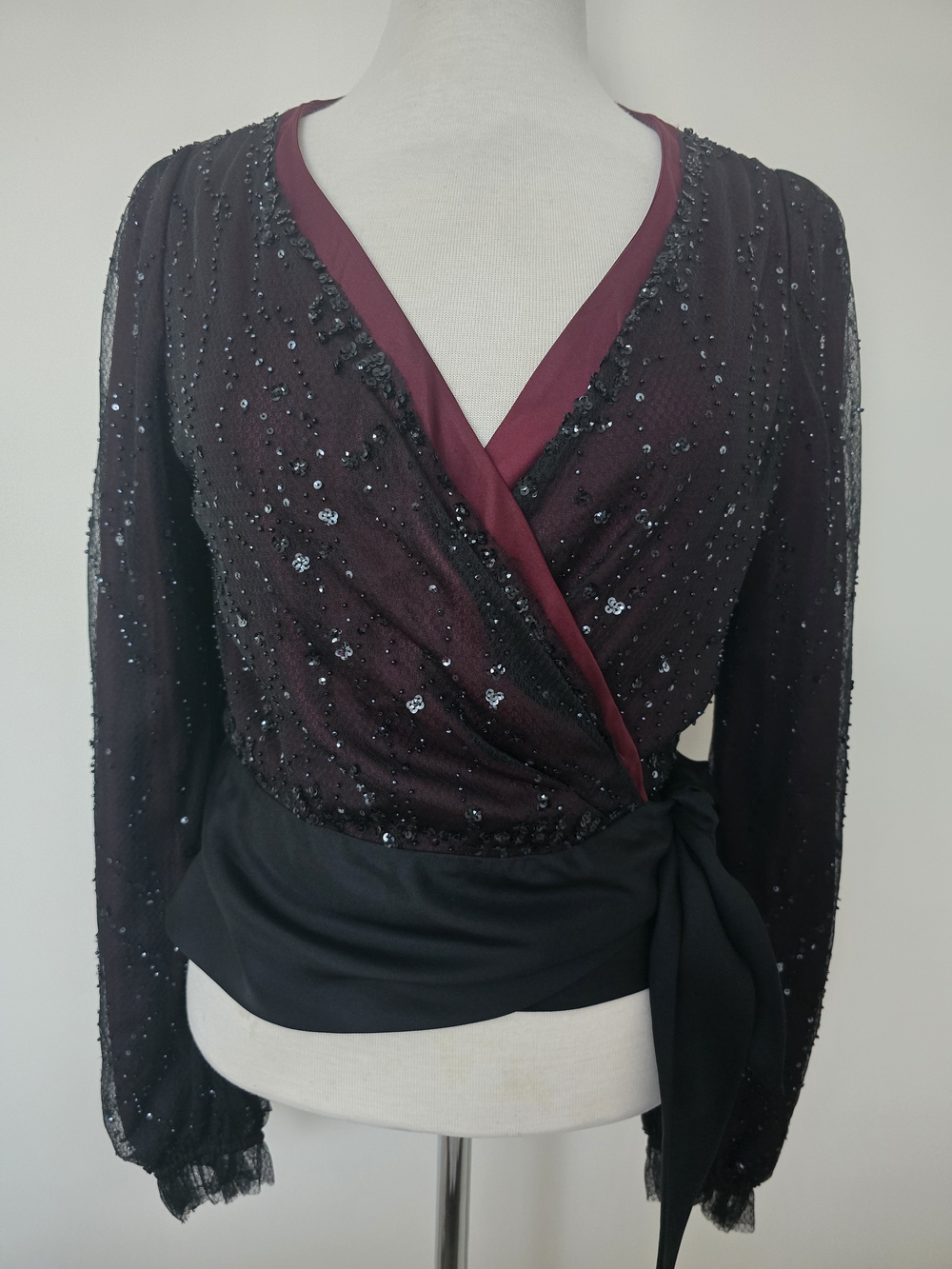 Anne Klein Silk Burgundy Sequin Wrap Blouse with Black Sash Size M